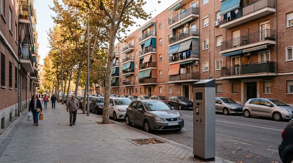 Calle residencial con edificios de ladrillo, árboles otoñales, coches aparcados junto a la acera y un parquímetro en primer plano